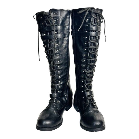 Combat Boots Buckle Y2K Retro Tall Leather 10 Riding Grunge Whimsigoth Goth Punk - Picture 1 of 10